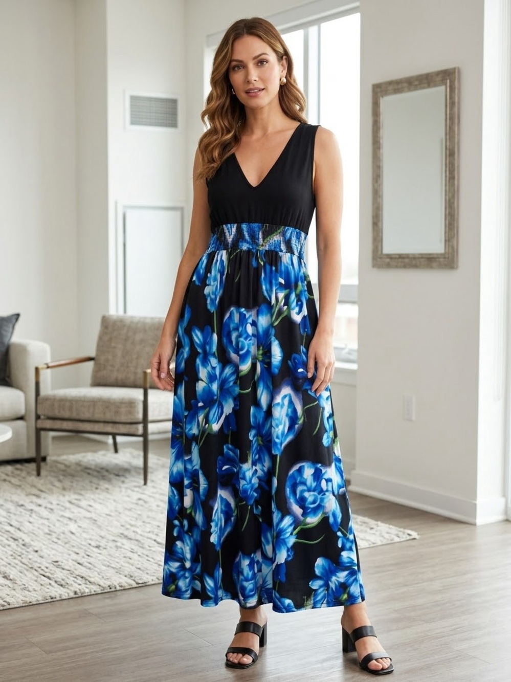 Black & Blue Floral Maxi Dress with V-Neck